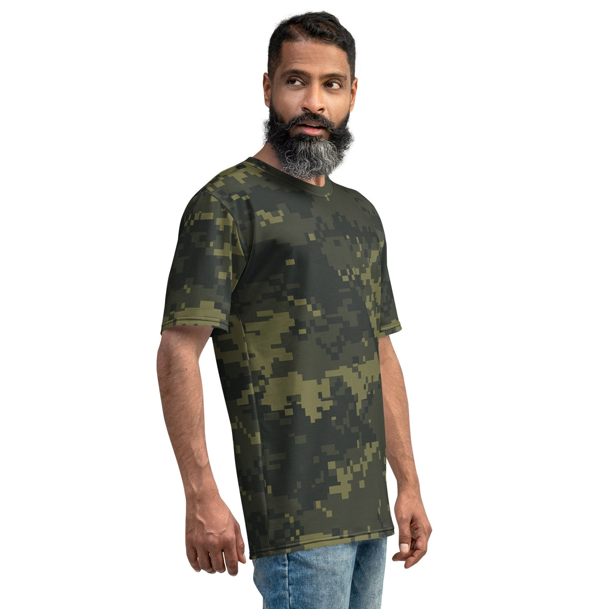 Men's digital camo T-shirt with crew neck and short sleeves, dark olive pixel pattern