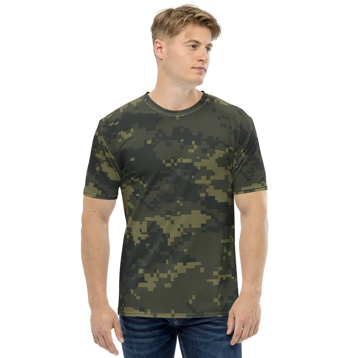 Men's digital camo T-shirt, short-sleeve crew neck in dark olive and green pixel pattern