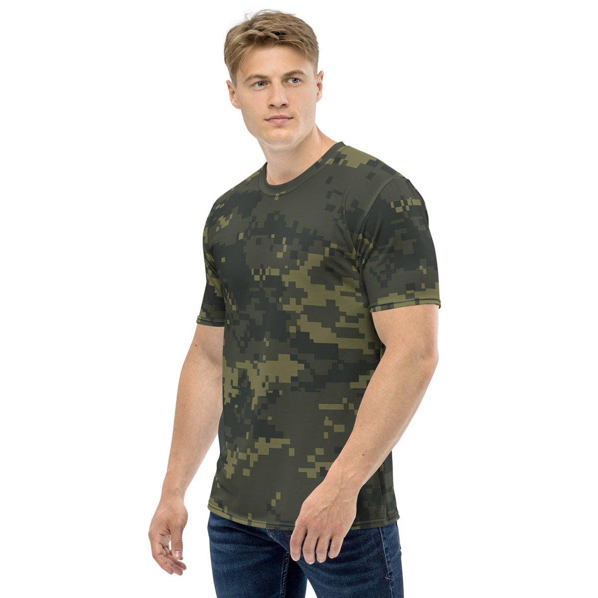 Men's digital camo T-shirt with short-sleeve crew neck in dark olive pixel pattern