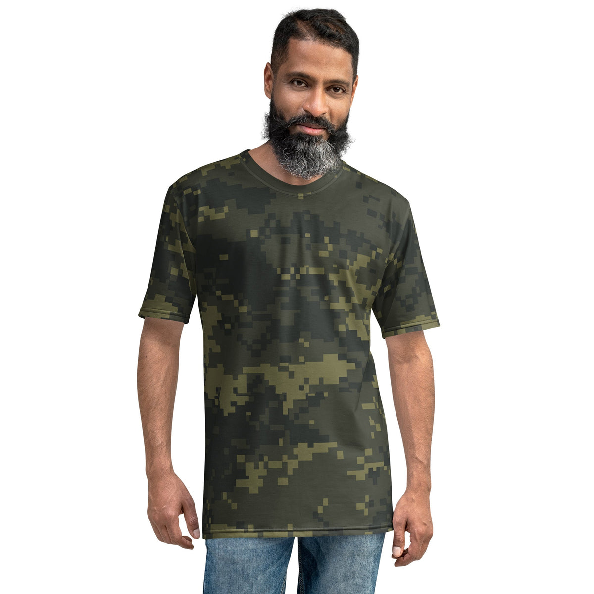 Men's digital camo T-shirt with short sleeves and crew neck, dark olive pixel pattern
