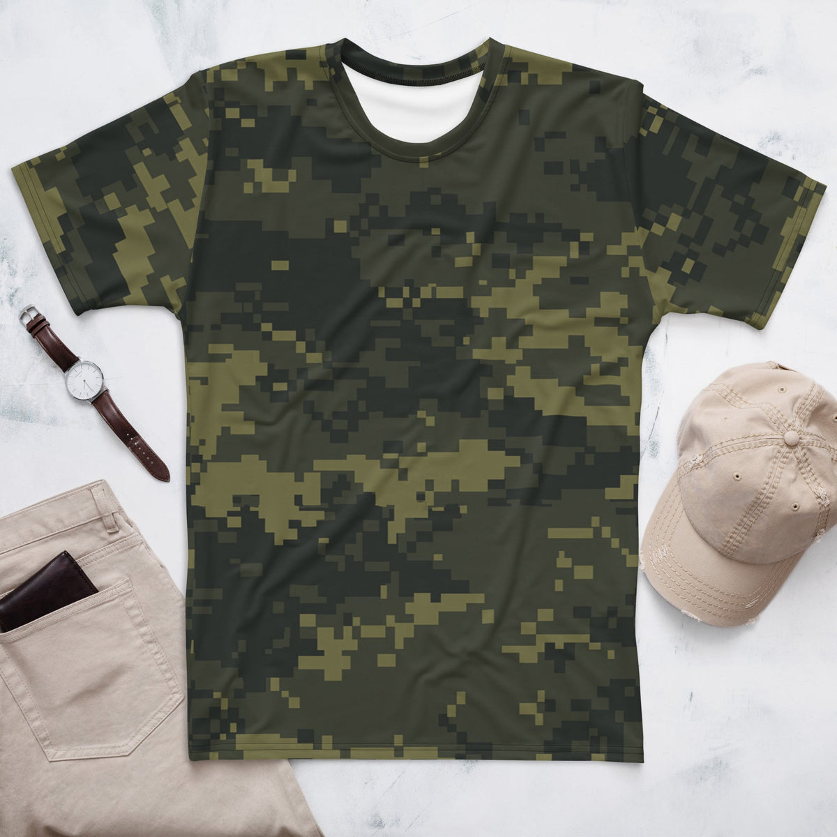 Digital camo T-shirt, short-sleeve crew neck, dark olive green pixel pattern