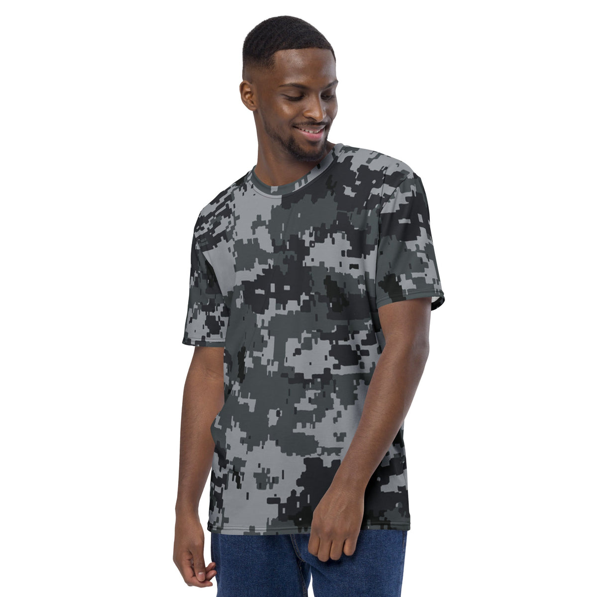 Men's digital camouflage T-shirt, crew neck short sleeves, dark gray block pattern, side view