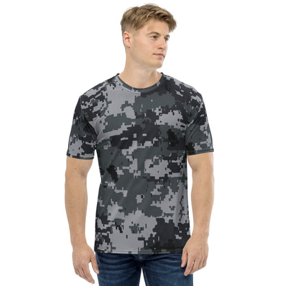 Men's digital camouflage T-shirt, crew neck short sleeves, dark gray block print