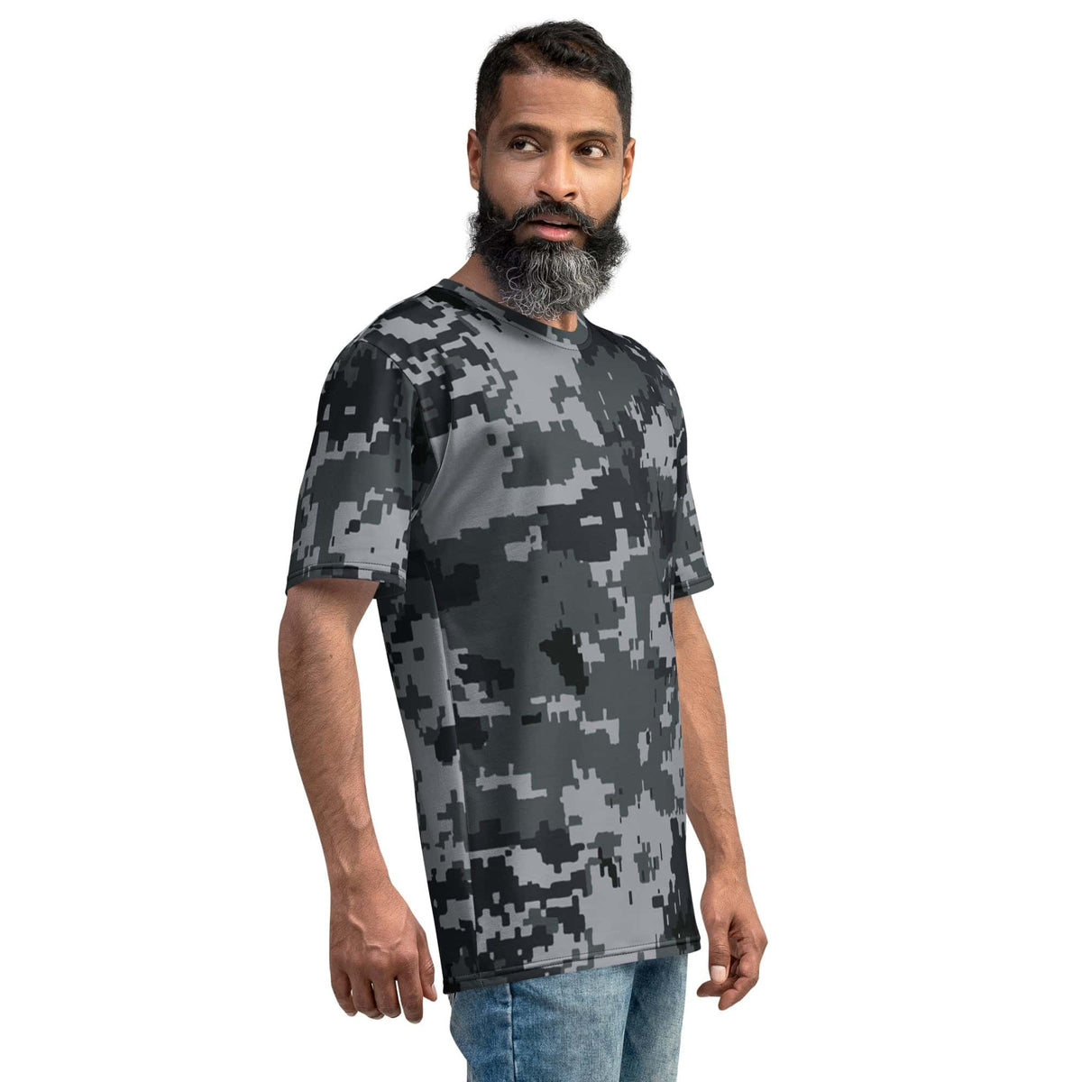 Men's digital camouflage T-shirt with crew neck and short sleeves, dark gray block print