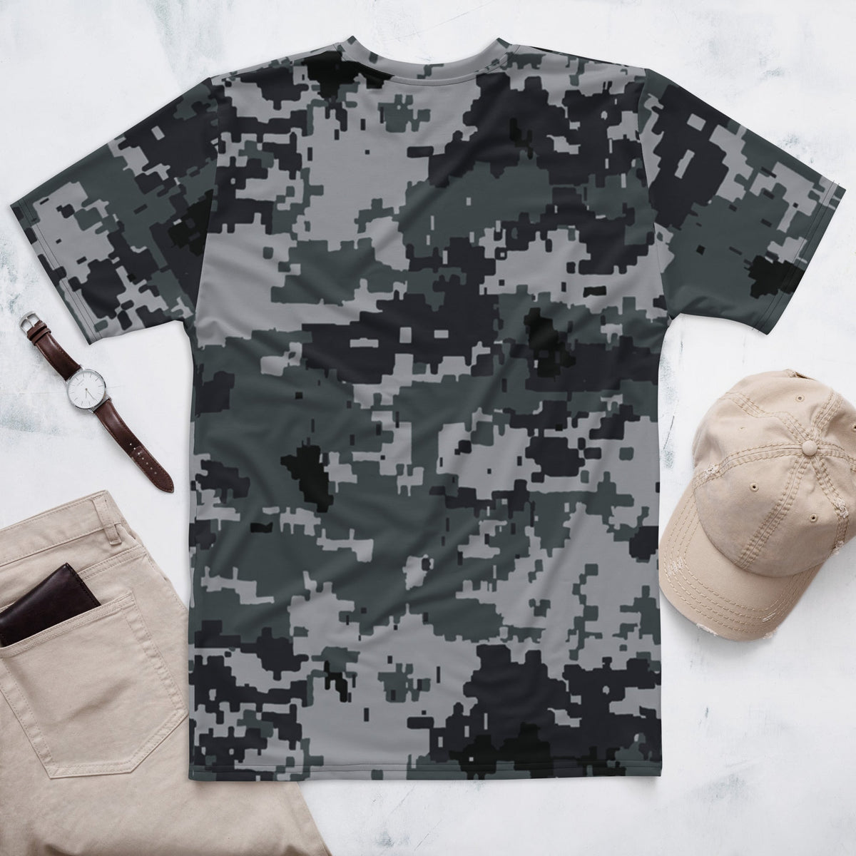 Laid-flat men's digital camouflage T-shirt with crew neck, short sleeves, dark gray pattern