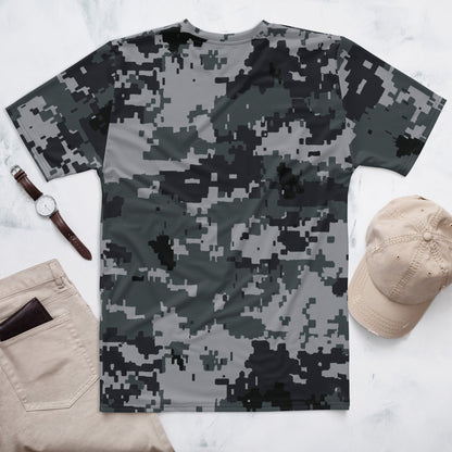 Laid-flat men's digital camouflage T-shirt with crew neck, short sleeves, dark gray pattern