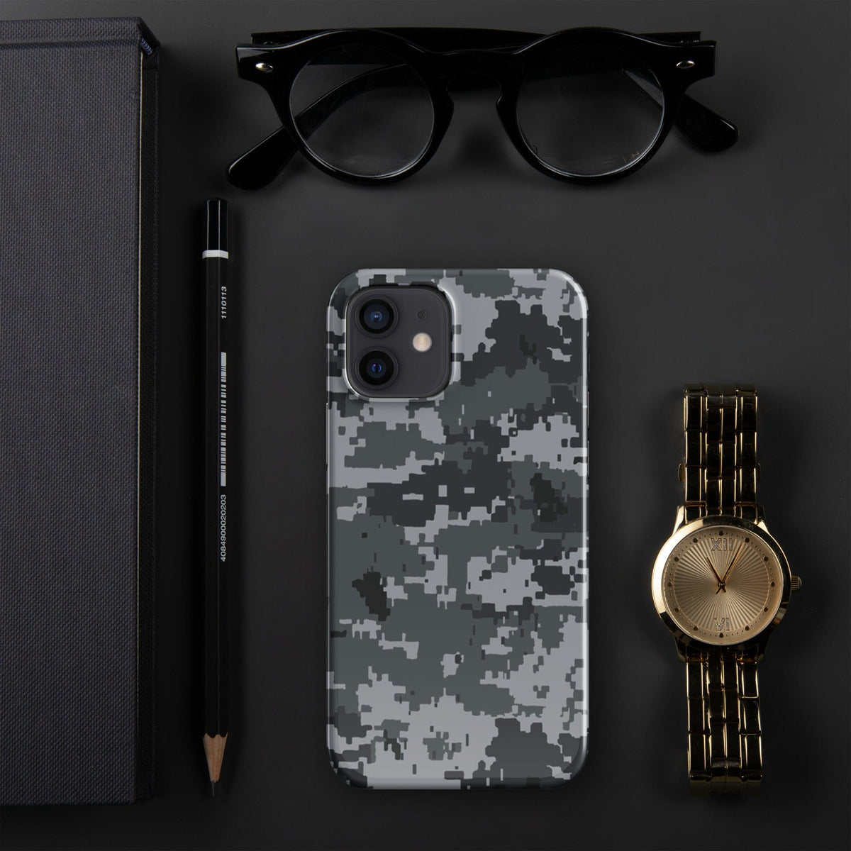 Smartphone snap case featuring digital camo print in gray with camera cutouts.