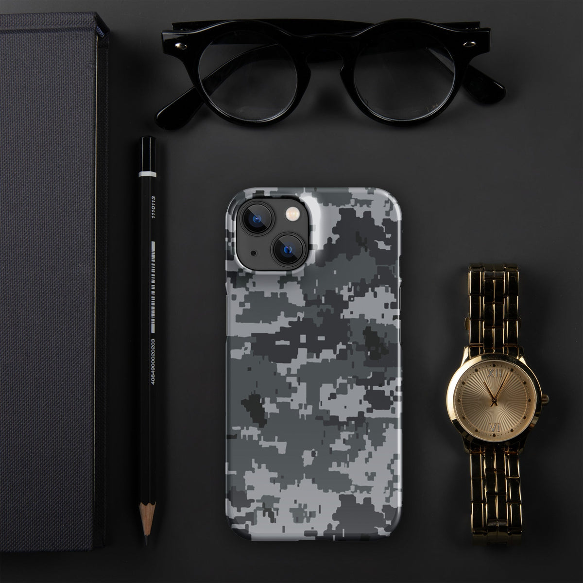 Snap-on iPhone case in digital camouflage pixel print, gray and light tones, camera area