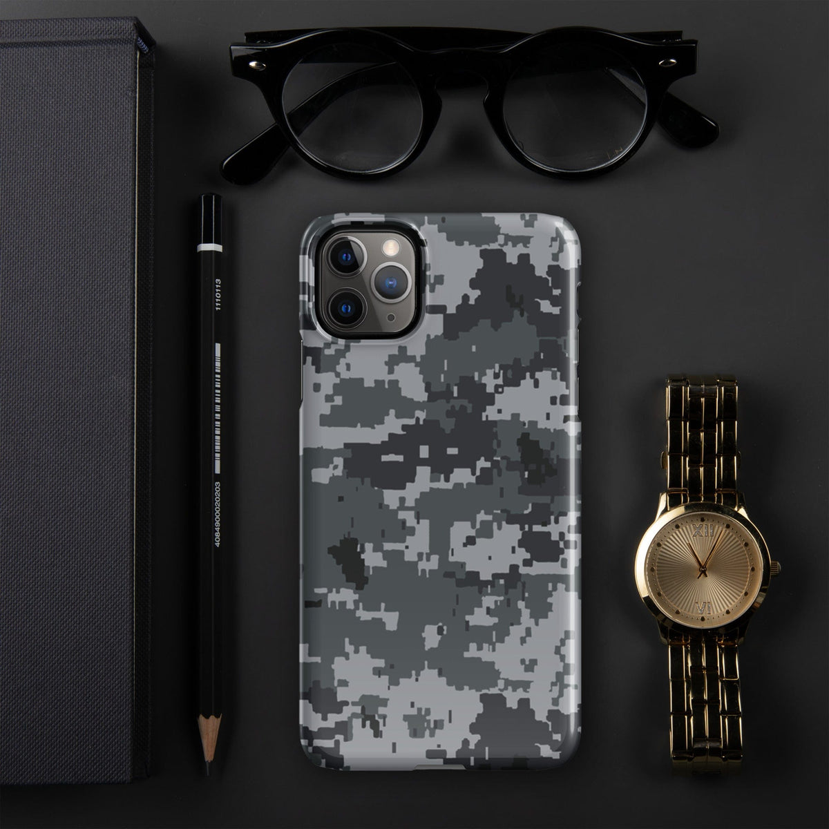 Smartphone snap case with digital camouflage print in gray tones and camera cutouts.