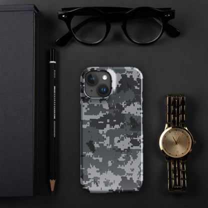 Snap-on iPhone case in digital camo pixel print, gray tones, camera cutout and flash window