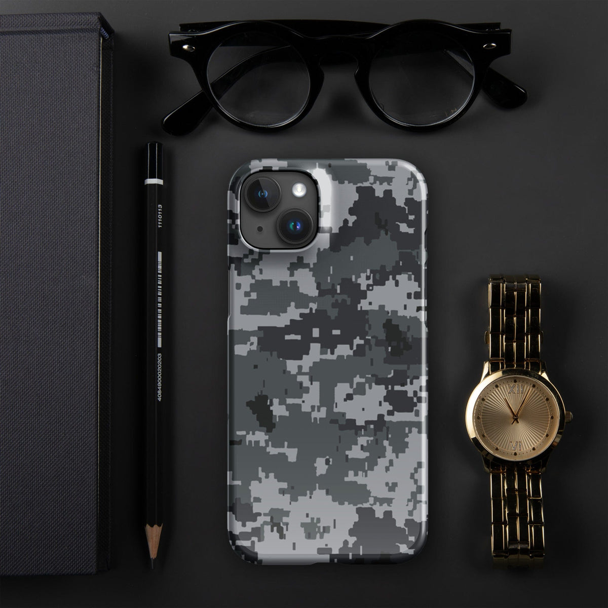 Snap-on iPhone case featuring digital camo pixel design, raised bumper edges, camera cutouts