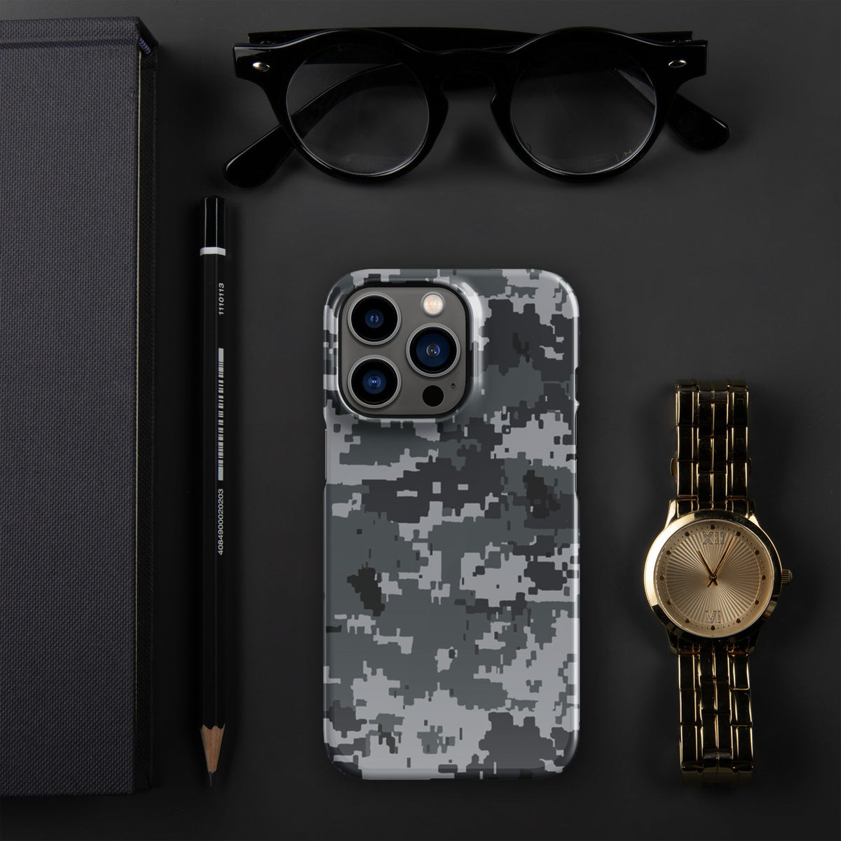 Smartphone snap case with digital gray camouflage pattern and camera openings with cutouts.