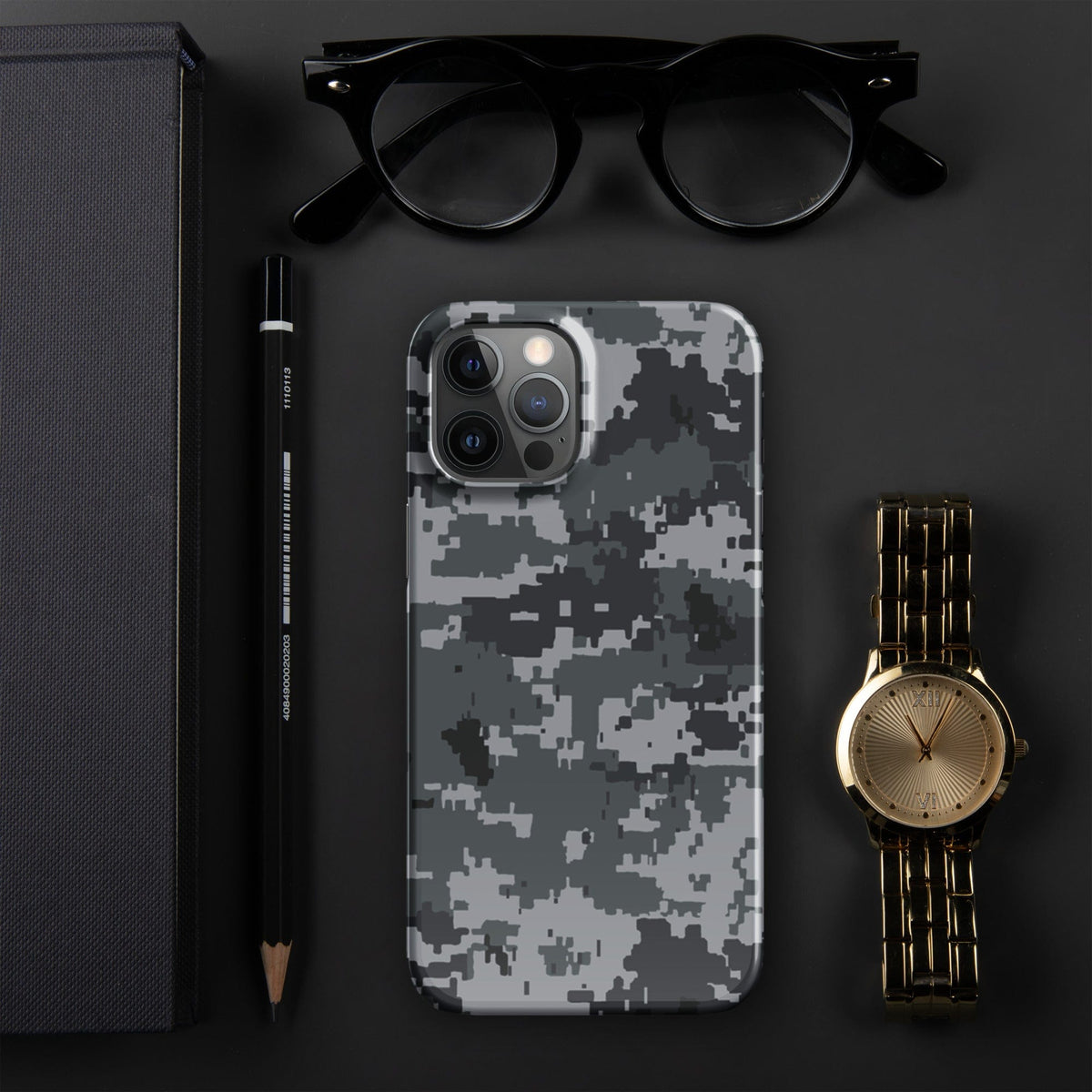 Smartphone snap case with digital camouflage in gray tones and camera cutouts.