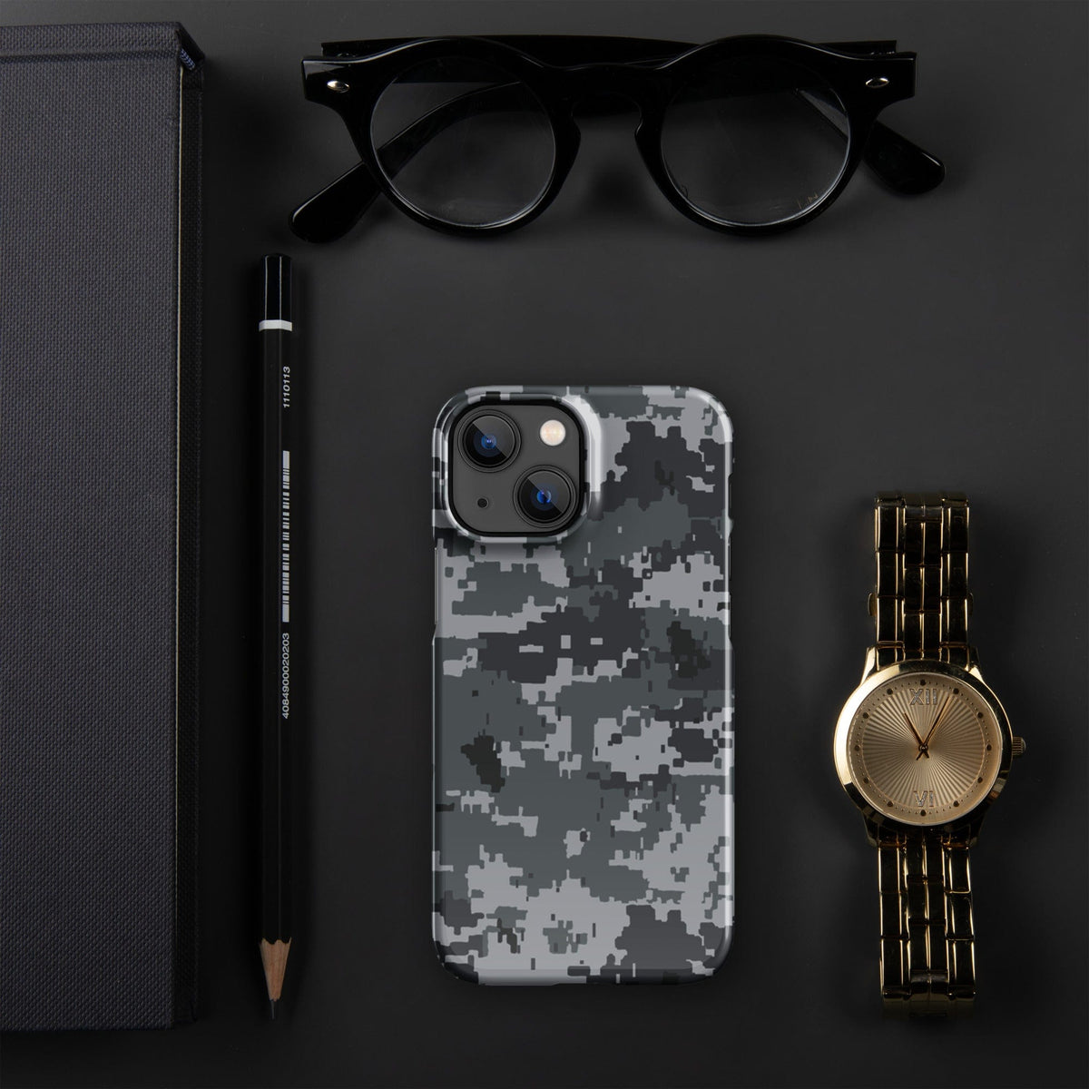 Smartphone snap case with digital gray camouflage pattern and raised bezel around lens area.