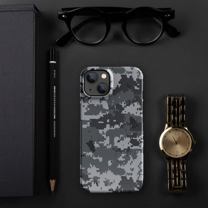 Snap-on iPhone case with digital pixel camouflage pattern, gray and white, camera cutouts