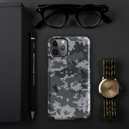 Smartphone snap case with digital camo pattern and raised edges around camera cutouts.