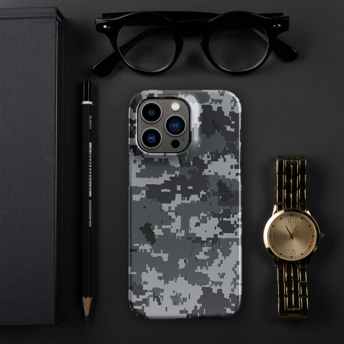 Snap-on iPhone case with digital camouflage pixel pattern, gray and white, camera lenses visible