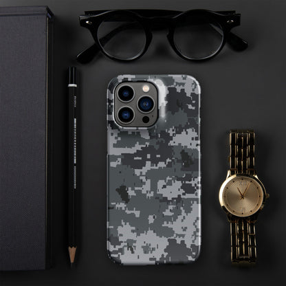 Snap-on iPhone case with digital camouflage pixel pattern, gray and white, camera lenses visible