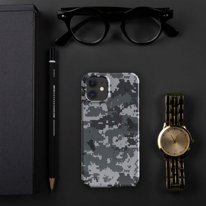 Smartphone snap case with digital gray camouflage pattern and bezel protection at camera.