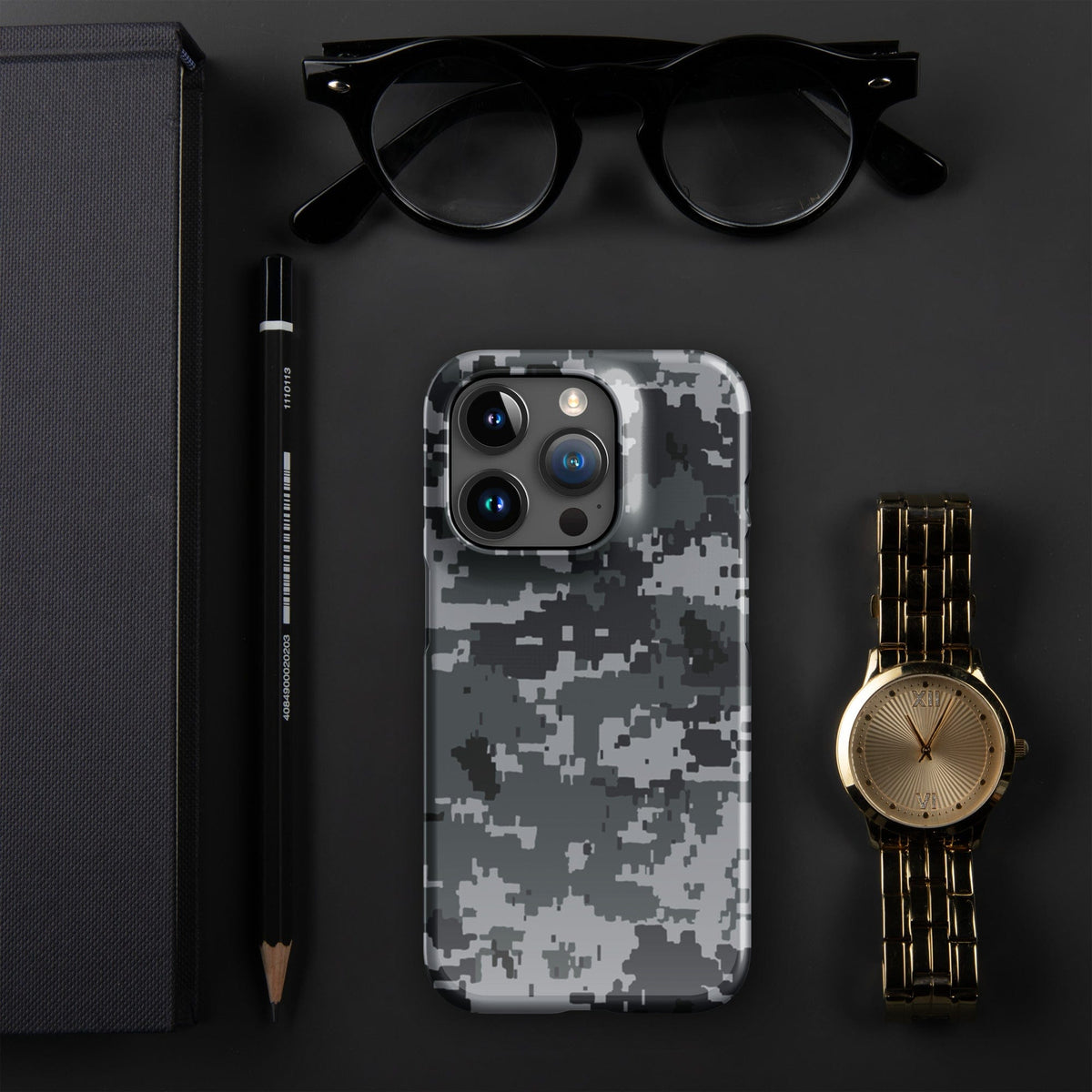 Snap-on iPhone case displaying digital camo pixel print, camera module cutouts, gray tones