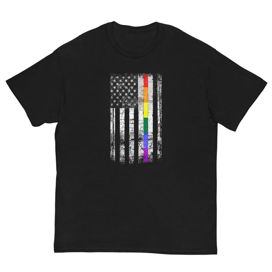 Black T-shirt with distressed rainbow-striped American flag graphic on the chest