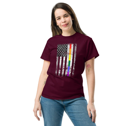 Maroon T-shirt with distressed rainbow-striped American flag graphic on the chest