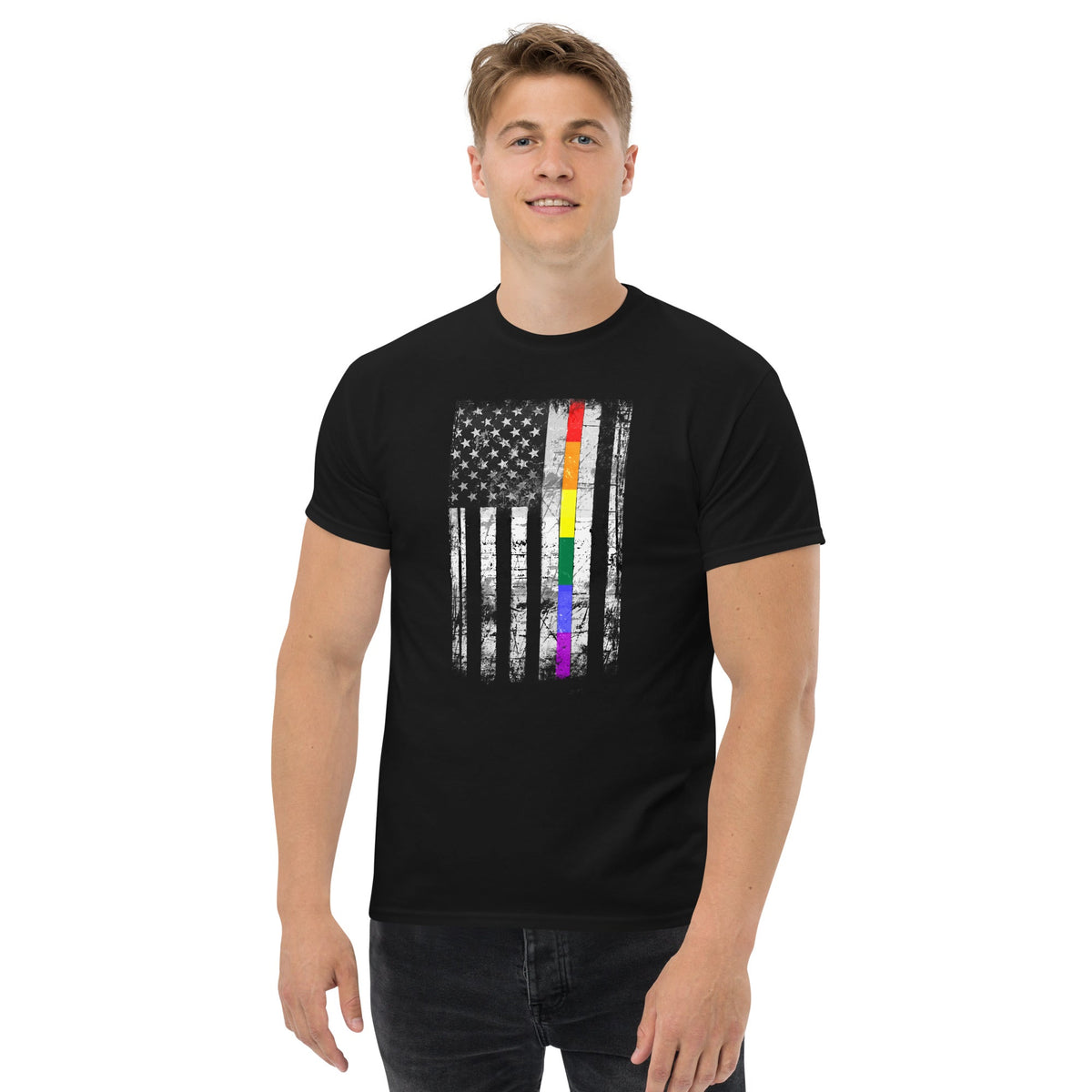 Black T-shirt with distressed rainbow-striped American flag graphic on the chest