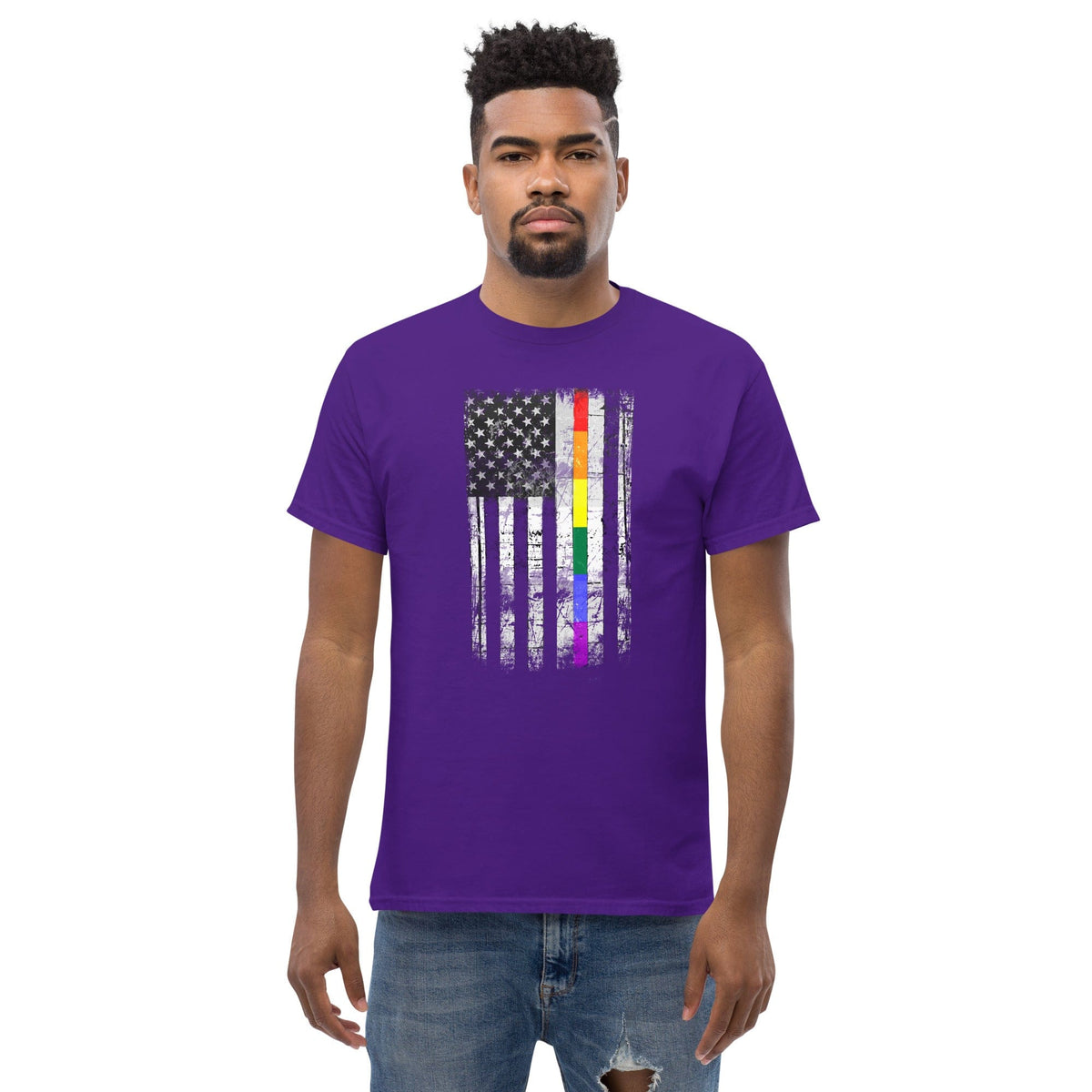 Purple T-shirt with distressed rainbow-striped American flag graphic on the chest