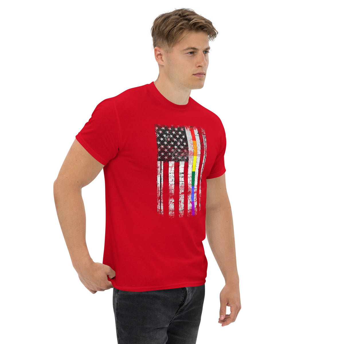 Red T-shirt with distressed rainbow-striped American flag graphic on the chest
