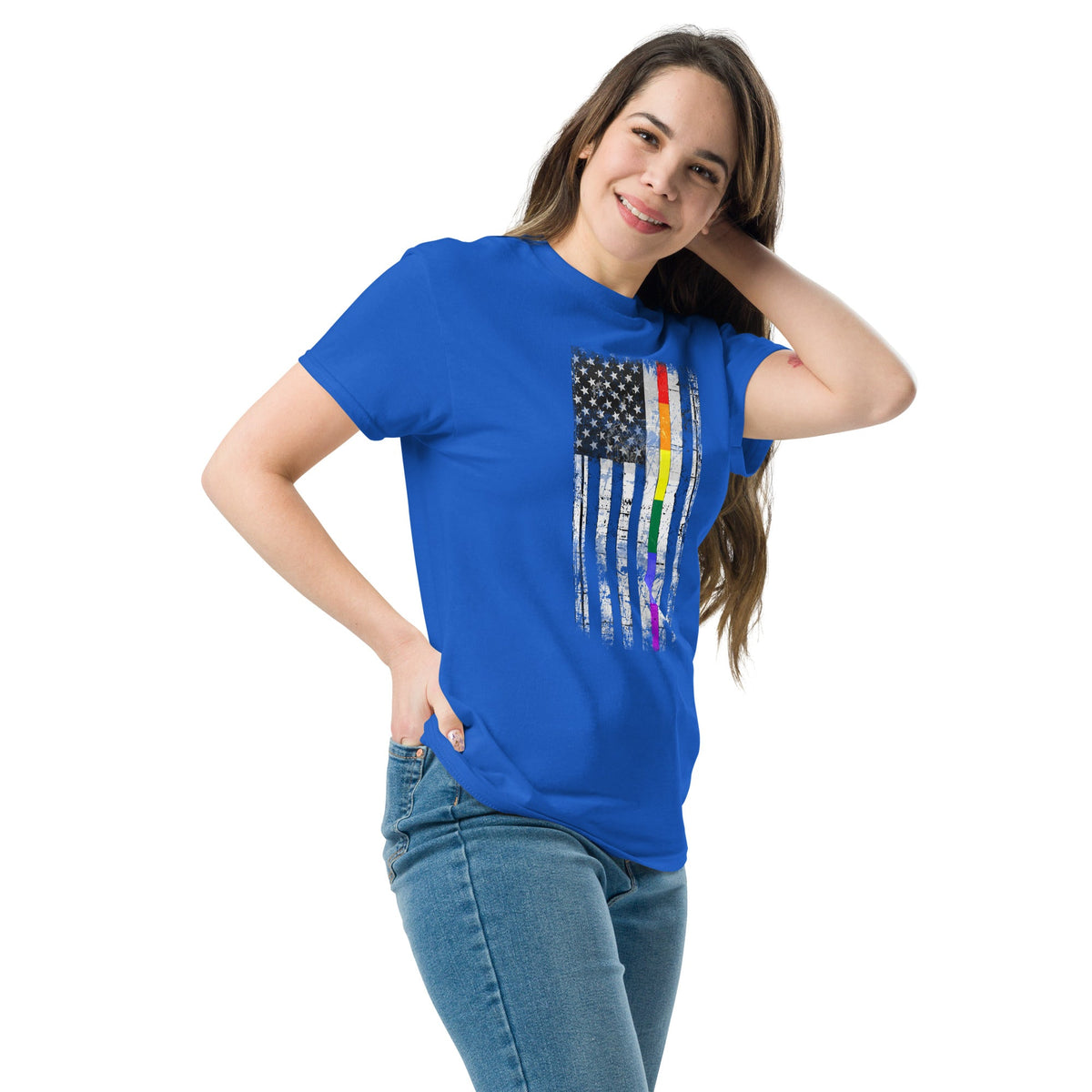 Blue T-shirt with distressed rainbow-striped American flag graphic on the chest