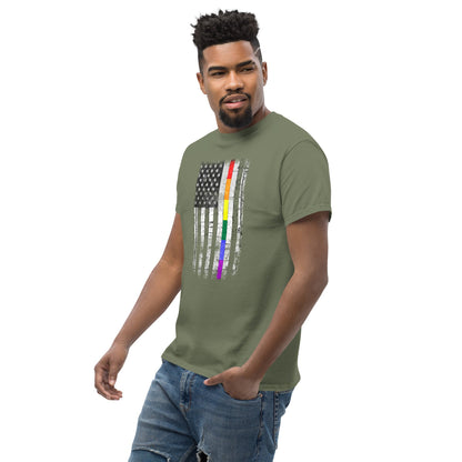 Olive green T-shirt with distressed rainbow-striped American flag graphic on the chest