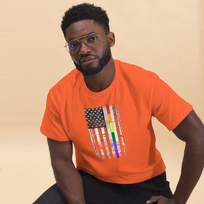 Orange T-shirt with distressed rainbow-striped American flag graphic on the chest