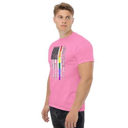 Pink T-shirt with distressed rainbow-striped American flag graphic on the chest