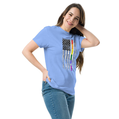 Blue T-shirt with distressed American flag and vertical rainbow stripe graphic