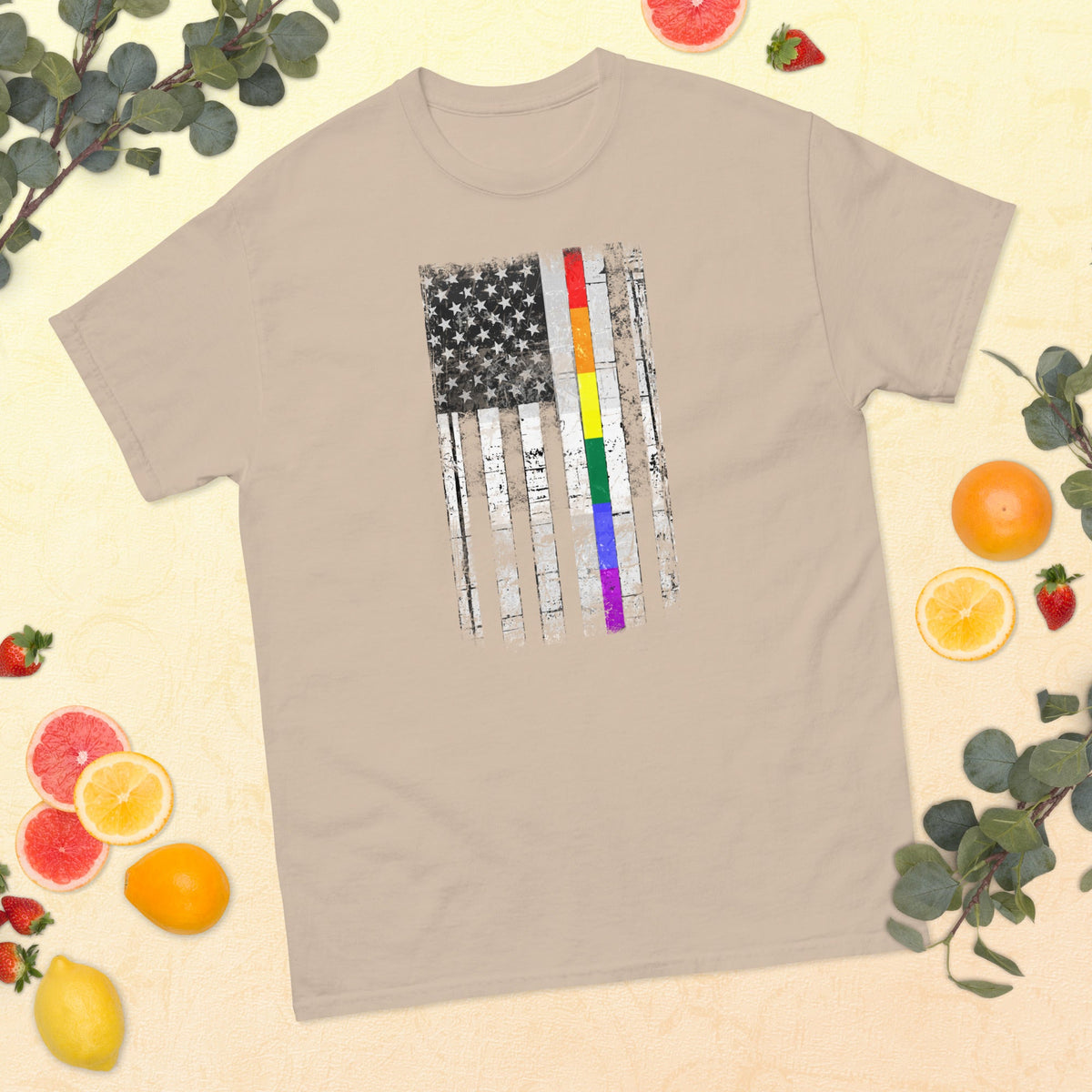 Light-colored T-shirt with distressed American flag and vertical rainbow stripe graphic