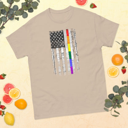 Light-colored T-shirt with distressed American flag and vertical rainbow stripe graphic