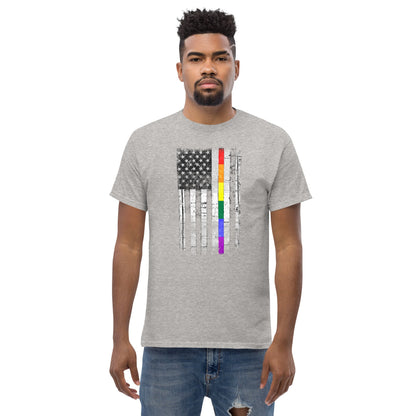 Heather gray T-shirt with distressed American flag and vertical rainbow stripe graphic