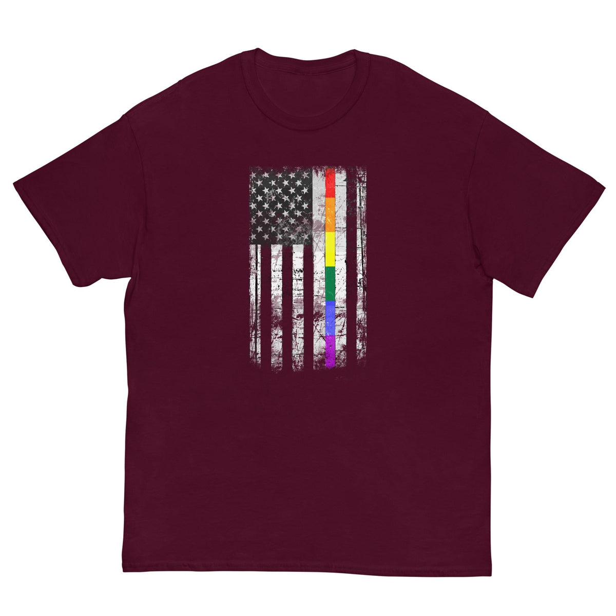 Maroon T-shirt with distressed American flag and vertical rainbow stripe graphic