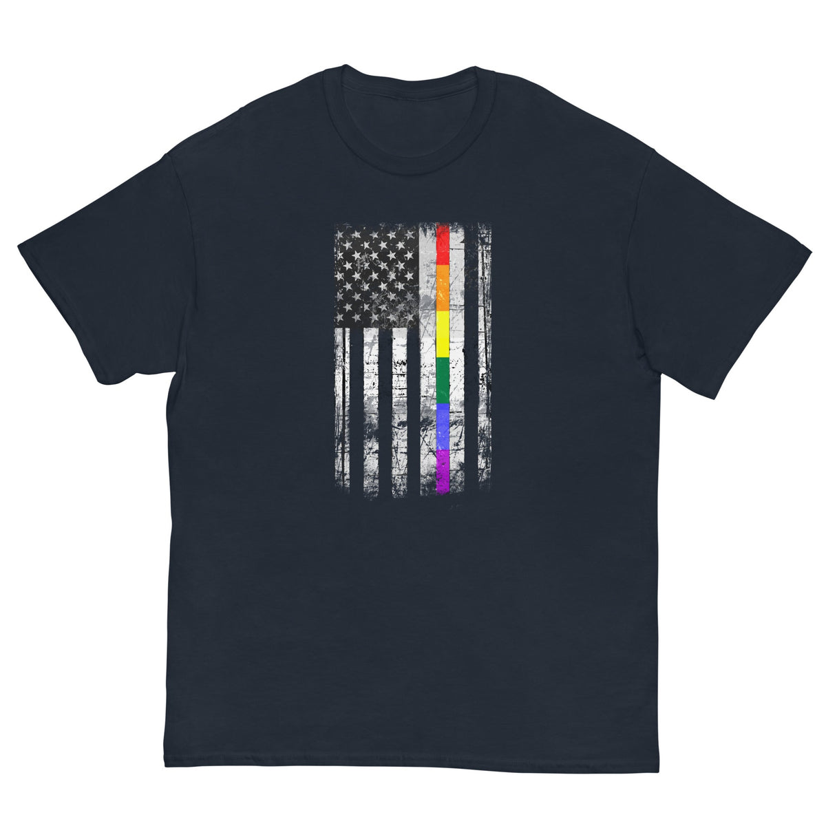 Navy T-shirt with distressed American flag and vertical rainbow stripe graphic