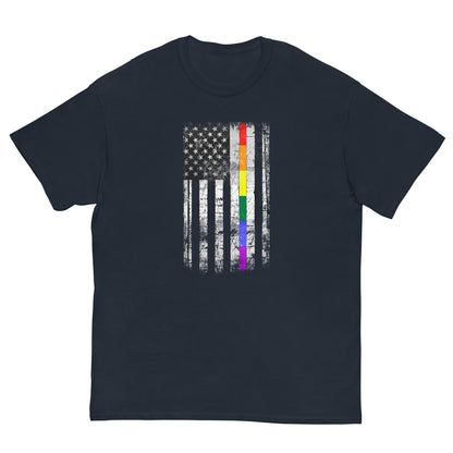 Navy T-shirt with distressed American flag and vertical rainbow stripe graphic