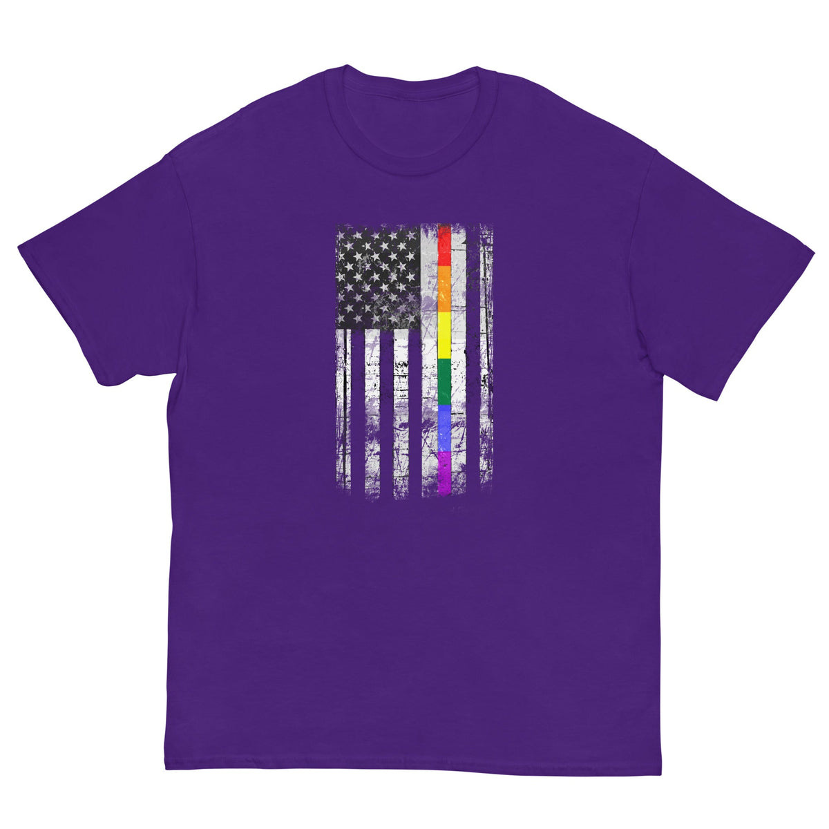 Purple T-shirt with distressed American flag and vertical rainbow stripe graphic