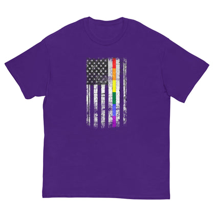 Purple T-shirt with distressed American flag and vertical rainbow stripe graphic