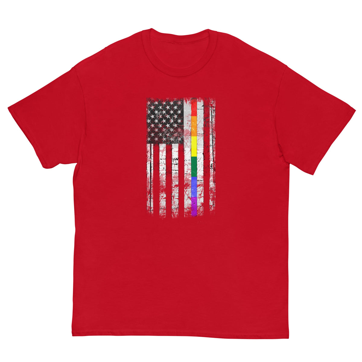 Red T-shirt with distressed American flag and vertical rainbow stripe graphic