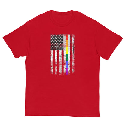 Red T-shirt with distressed American flag and vertical rainbow stripe graphic