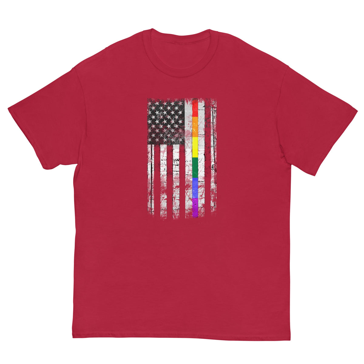 Red T-shirt with distressed American flag and vertical rainbow stripe graphic