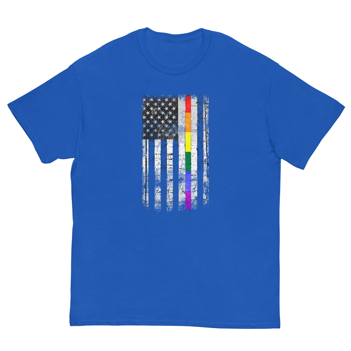 Blue crew-neck T-shirt with distressed American flag graphic featuring rainbow stripes