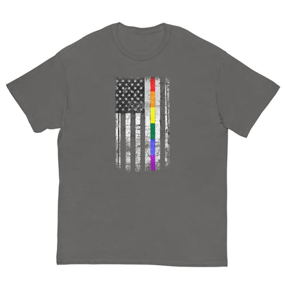 Charcoal T-shirt with distressed American flag and vertical rainbow stripe graphic