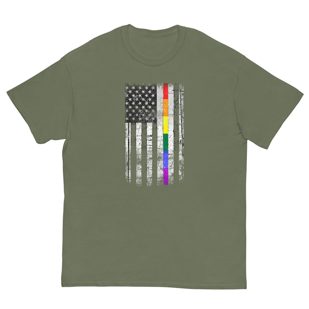 Military green T-shirt with distressed American flag graphic and rainbow stripe details