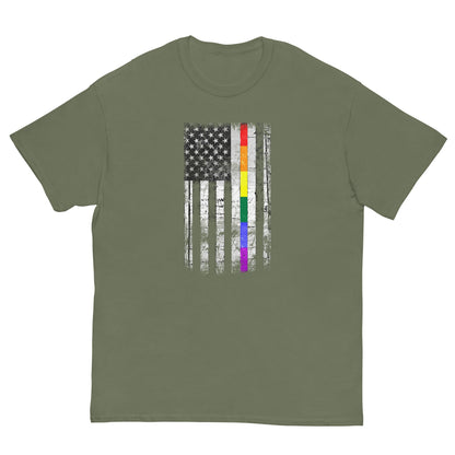 Military green T-shirt with distressed American flag graphic and rainbow stripe details