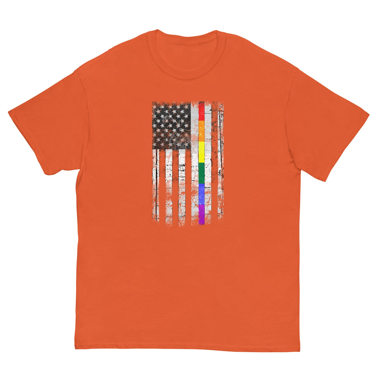 Orange T-shirt with distressed American flag graphic and rainbow stripe accents